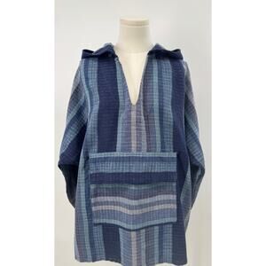 Ace & Jig Blue Stripe Pullover Hoodie Cotton Woven Top with Hood Beach Poncho L